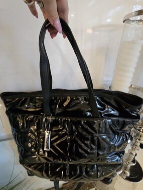 DKNY Black Patent Quilted Tote with Silver Tag
